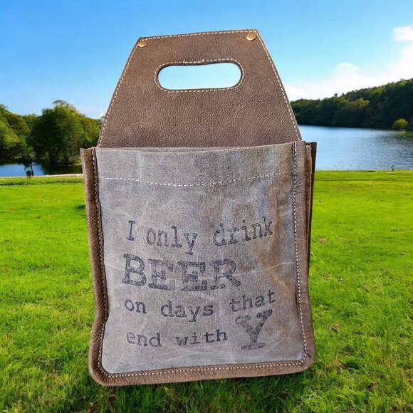 Beer Carrier Cooler Faux Leather Distressed Gift For Man Party 6 Pack Canvas - Picture 2 of 9